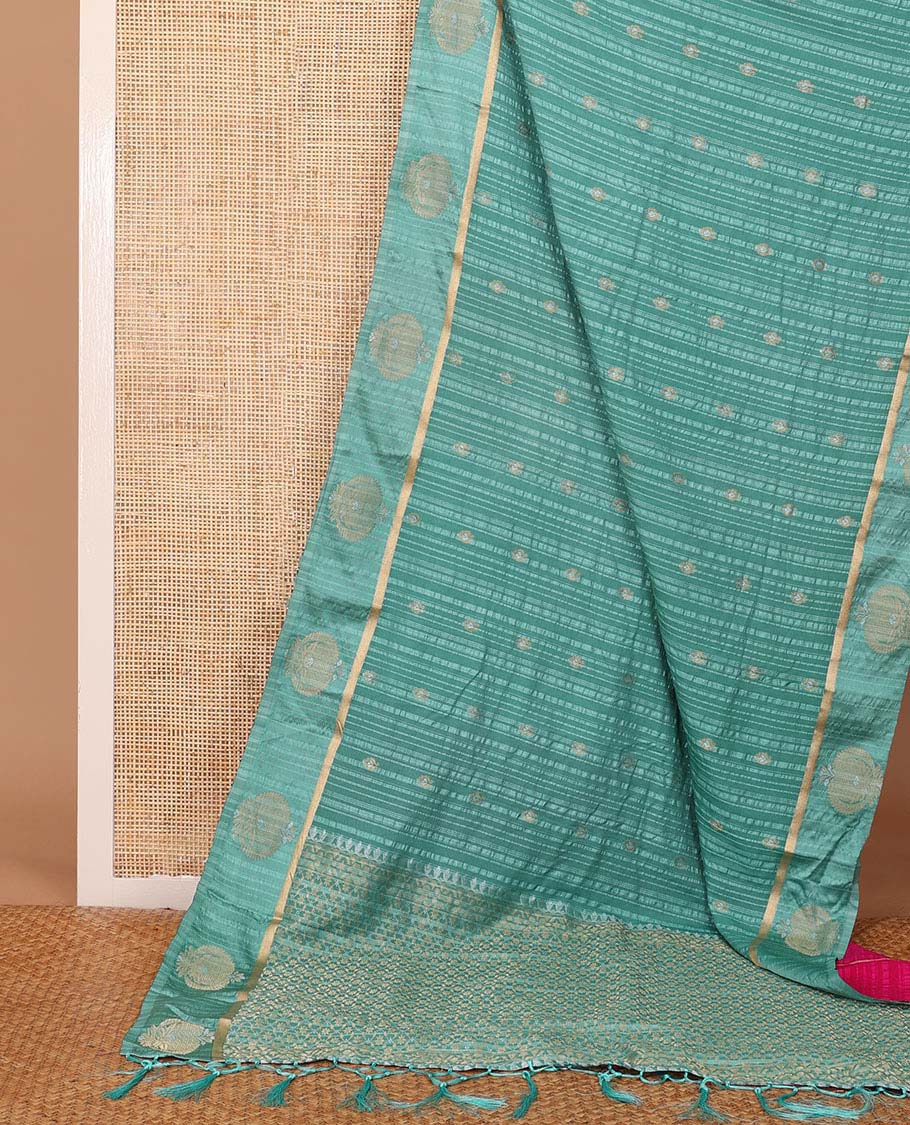 Blue zari buttas & striped fancy crepe saree, unique motifs zari border & intricate pallu
