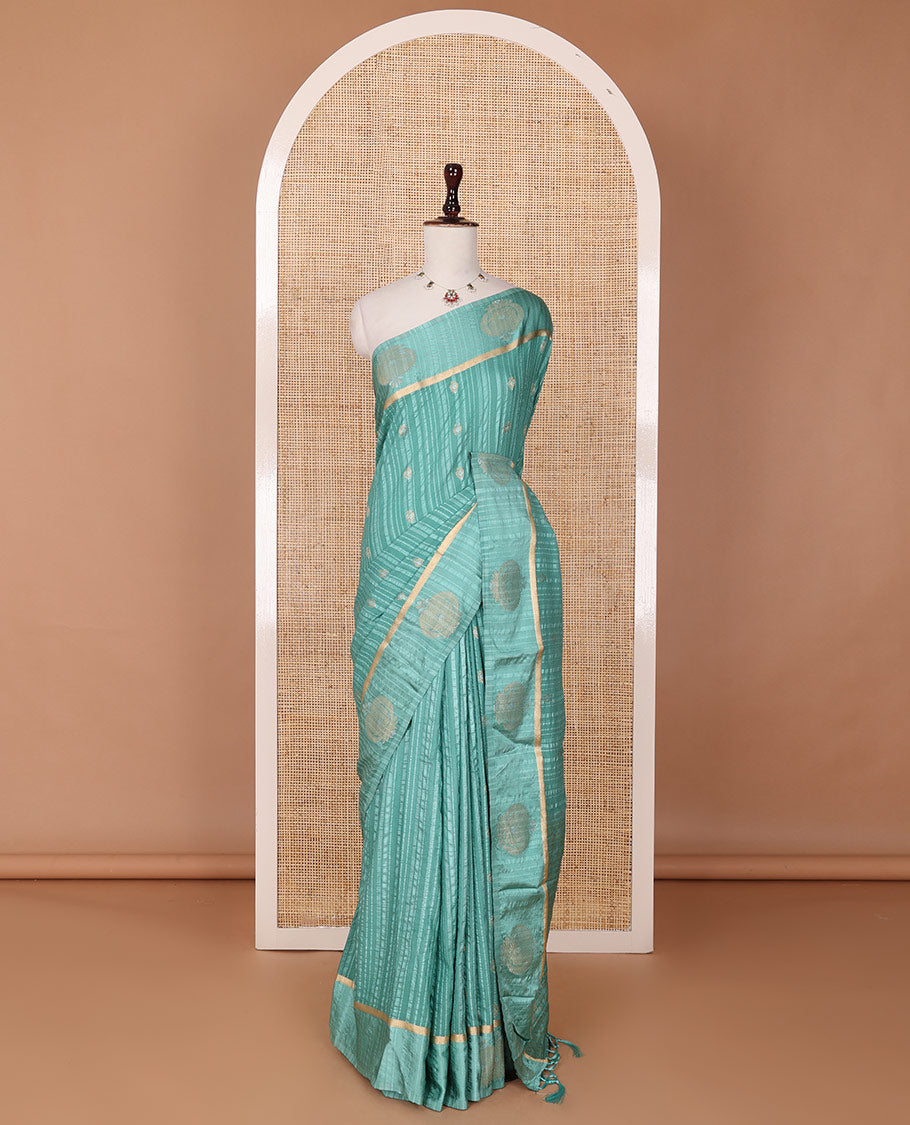 Blue zari buttas & striped fancy crepe saree, unique motifs zari border & intricate pallu