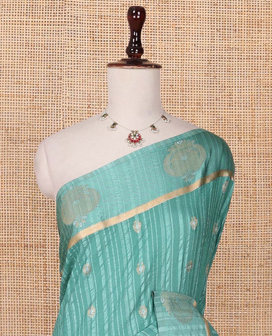 Blue zari buttas & striped fancy crepe saree, unique motifs zari border & intricate pallu