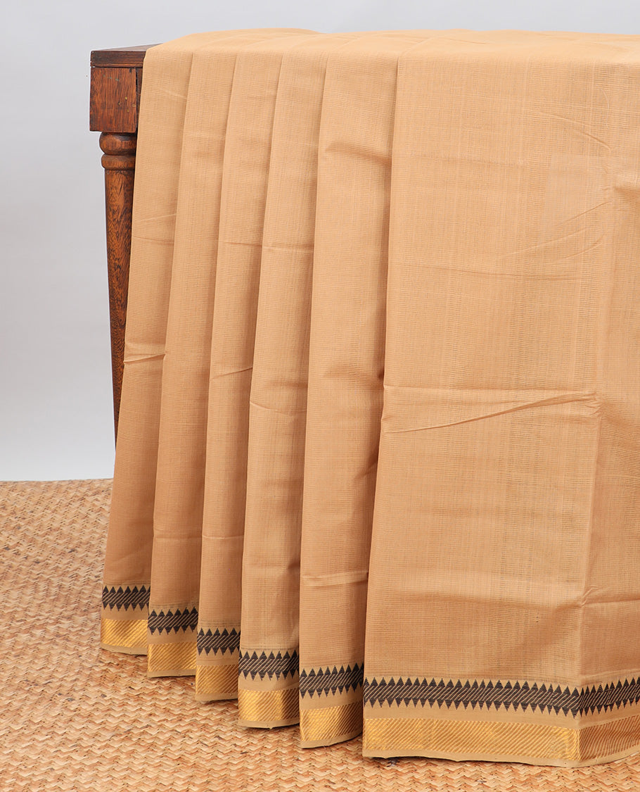 Light brown mangalagiri cotton saree with contrast temple border & striped pallu
