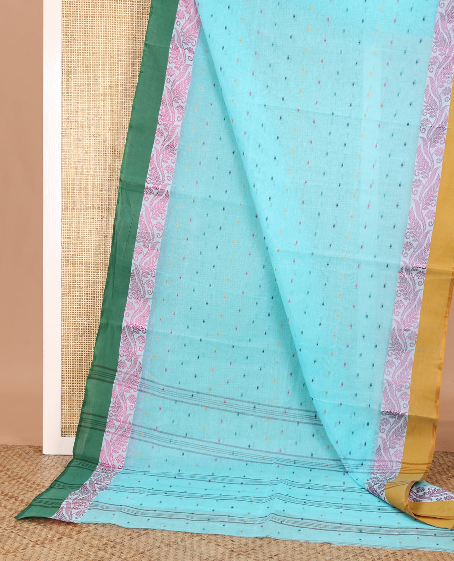 Blue buttas Bengal cotton saree, contrast leaf creeper ganga jamuna border, and pallu of stripes, and buttas