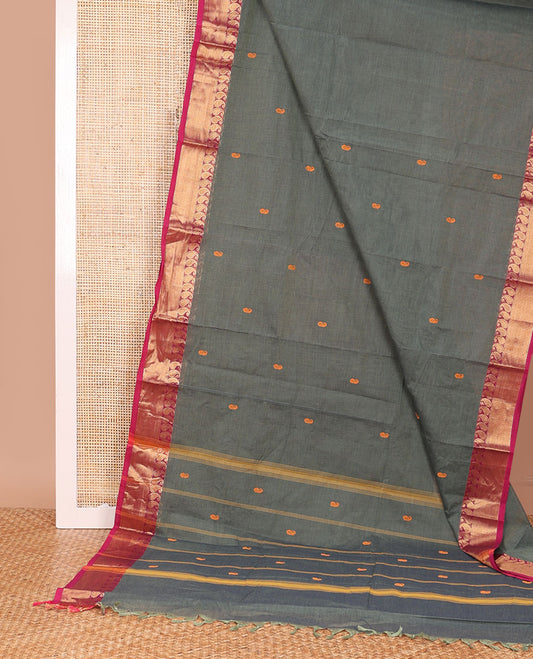 Grey paisley buttas Chettinad cotton saree, contrast paisley zari border, and pallu of stripes
