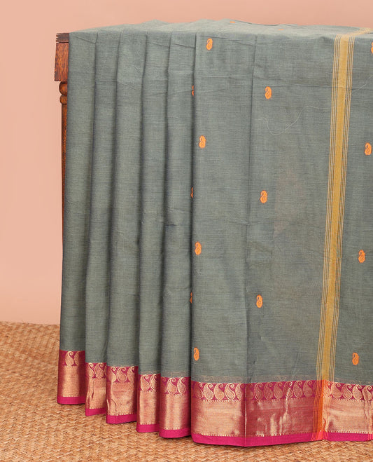 Grey paisley buttas Chettinad cotton saree, contrast paisley zari border, and pallu of stripes