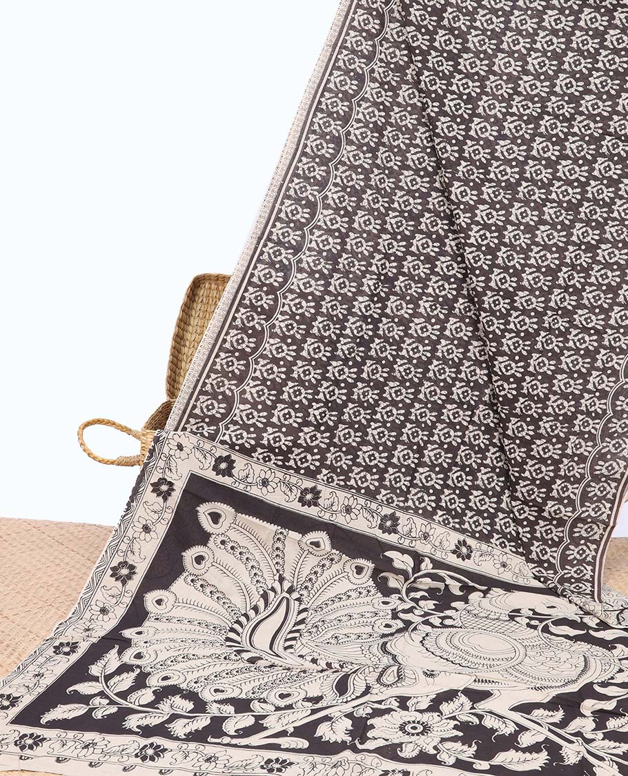 Black batik floral machine-printed kalamkari cotton saree with contrast batik border & floral, peacock design pallu