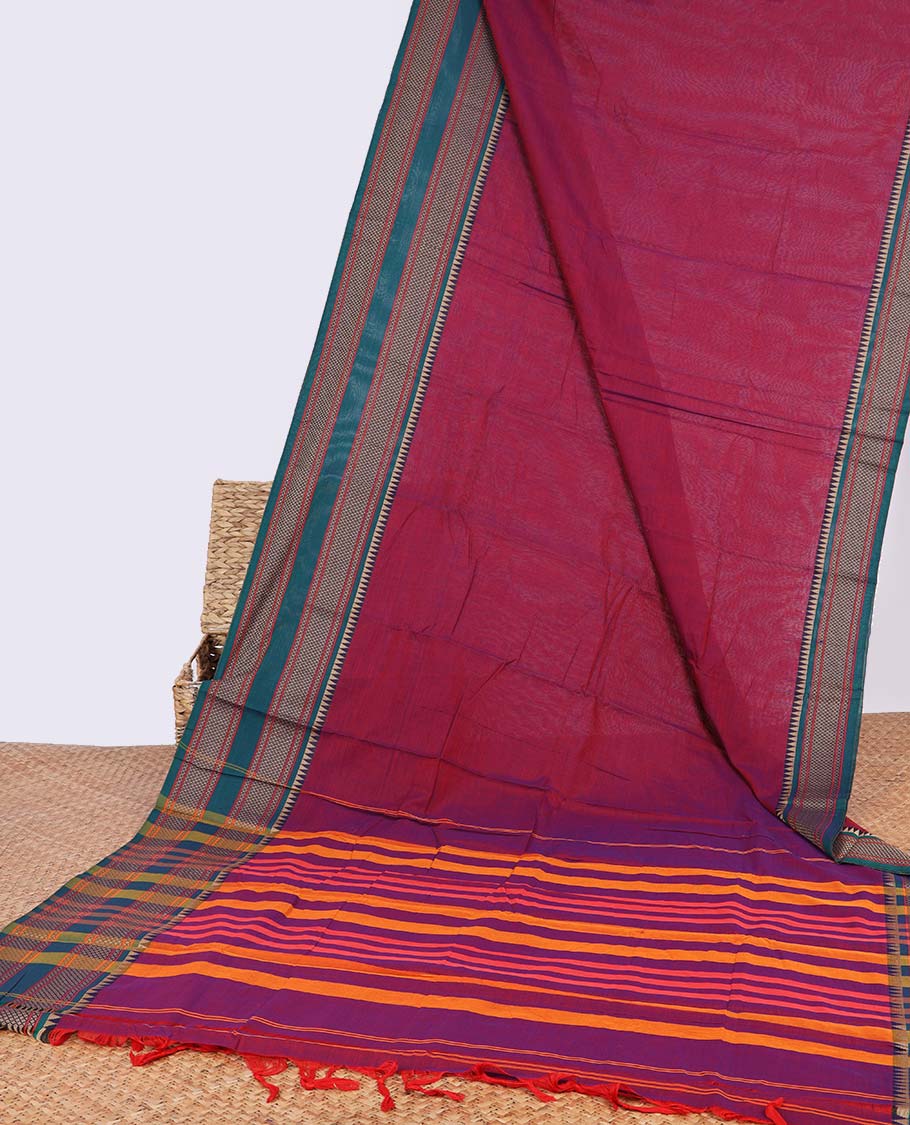 Red narayanapet cotton saree with contrast zari design border & striped pallu