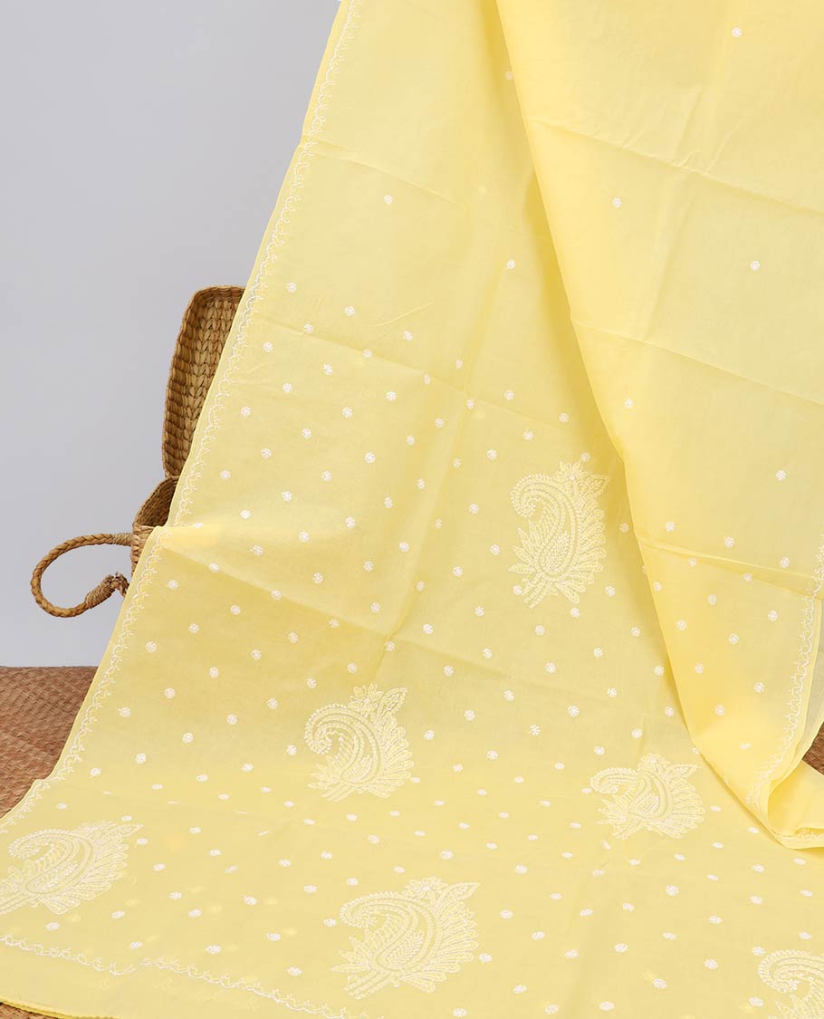 Yellow flower embroidery lucknowi chikankari cotton saree scallop design border & floral embroidered pallu