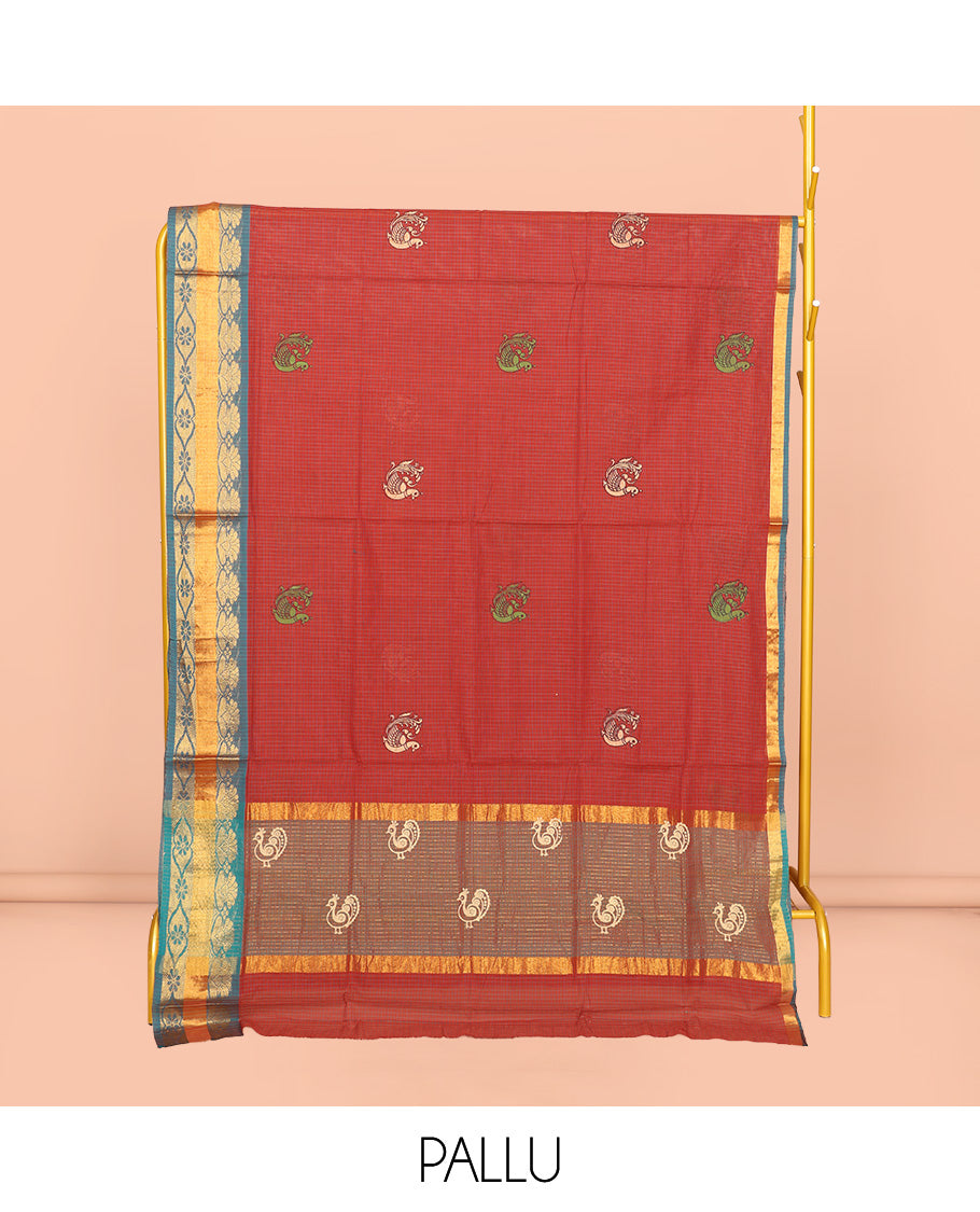 Rust Venkatagiri Cotton Saree, Delicately Printed with Peacock Buttas and Checks, a Contrast Traditional Zari Border, Pallu of Stripes, and No Blouse