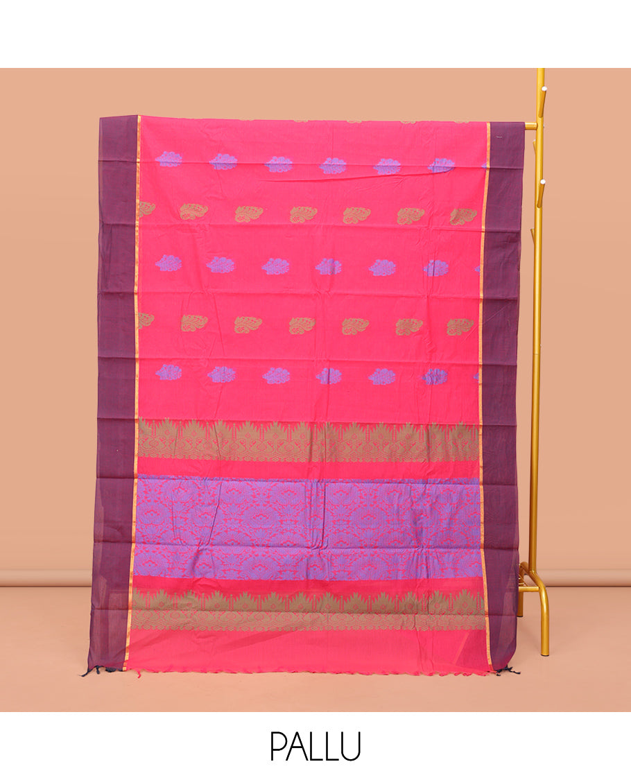 Pink Kanchi Cotton Saree, Woven with Buttas on Its Body, Complemented by Contrast Border, Pallu of Intricate Design, and a Matching Blouse