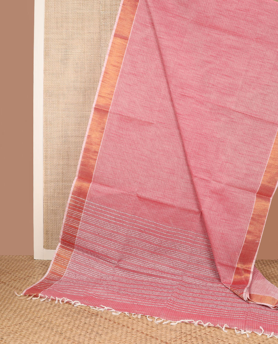 Peach striped jute cotton saree, zari border & striped pallu