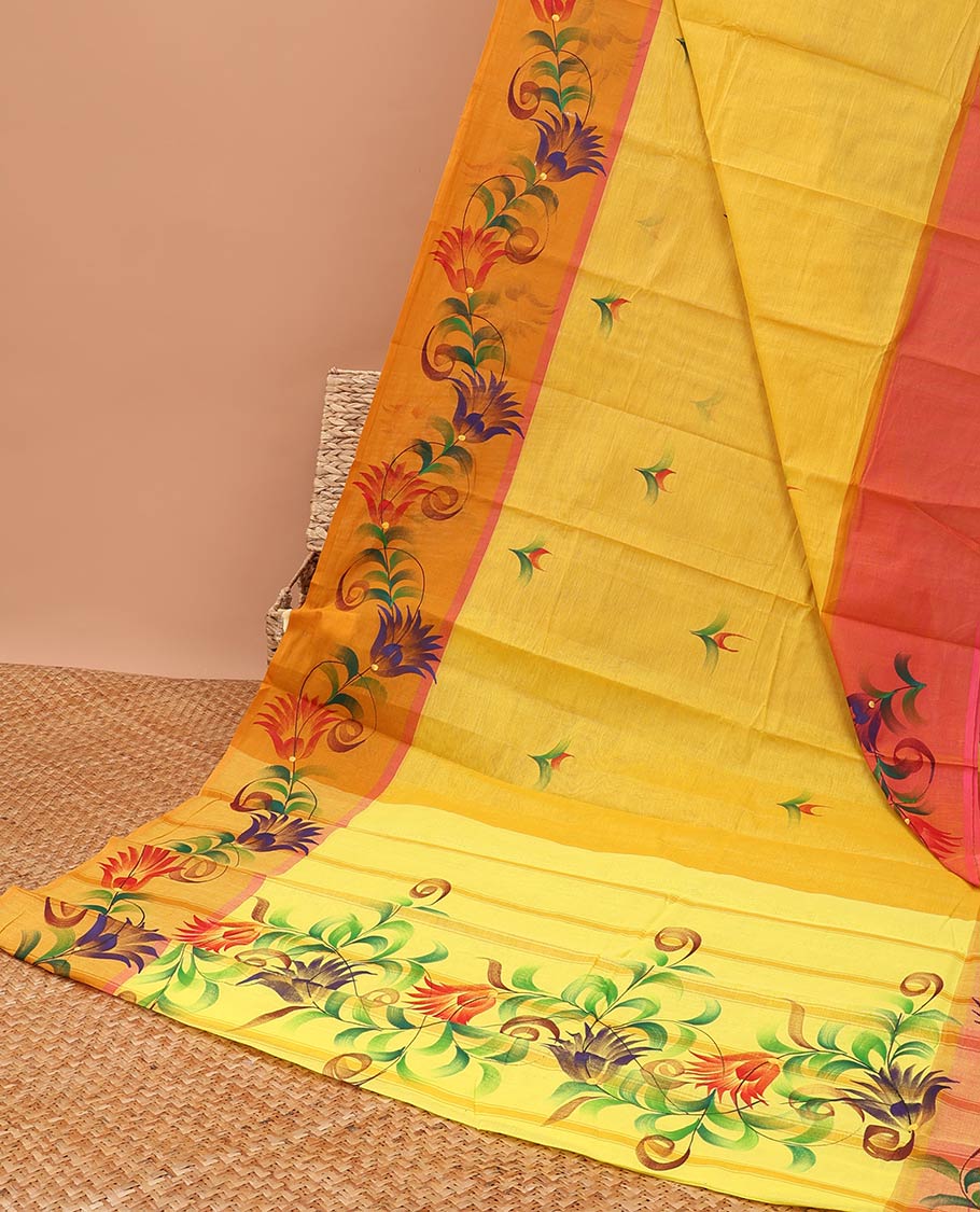 Orange floral motifs chirla cottton saree with contrast striped border & floral design pallu