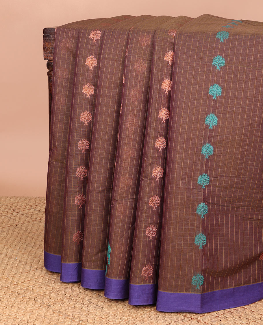 Brown checked, floral design coimbatore cotton saree with contrast border & floral design pallu