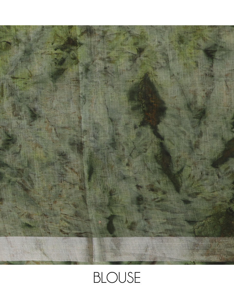 Green shibori printed with unique motifs cotton saree, zari border and intricate pallu