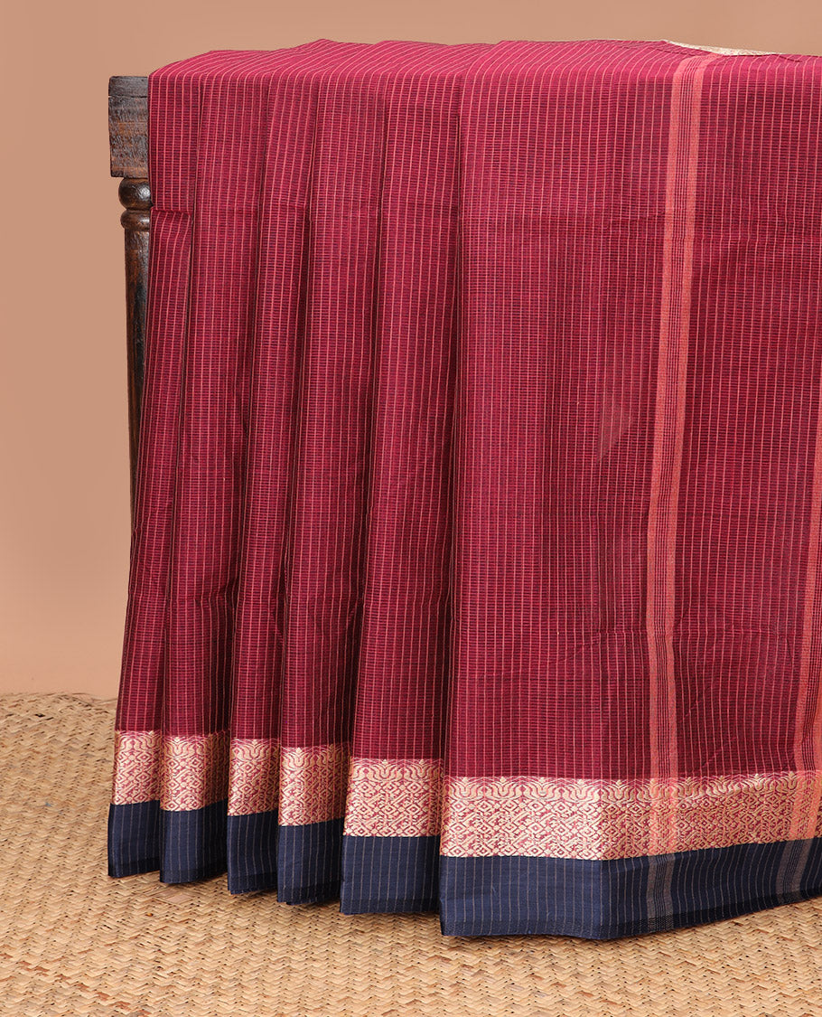 Maroon striped Bengal cotton saree, contrast intricately designed border, and striped pallu
