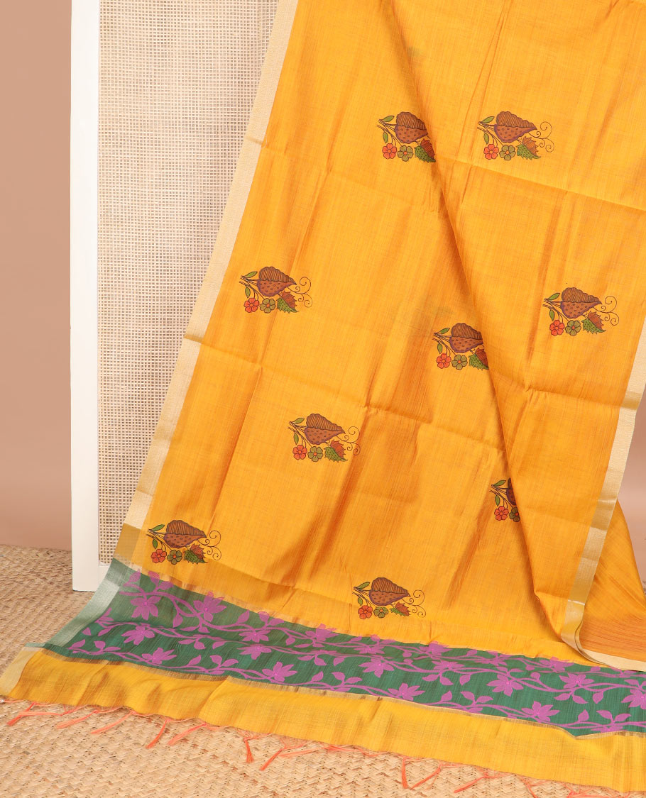 Yellow floral-leaf buttas printed chirala cotton saree, bavanji border, and contrast musical motifs print pallu