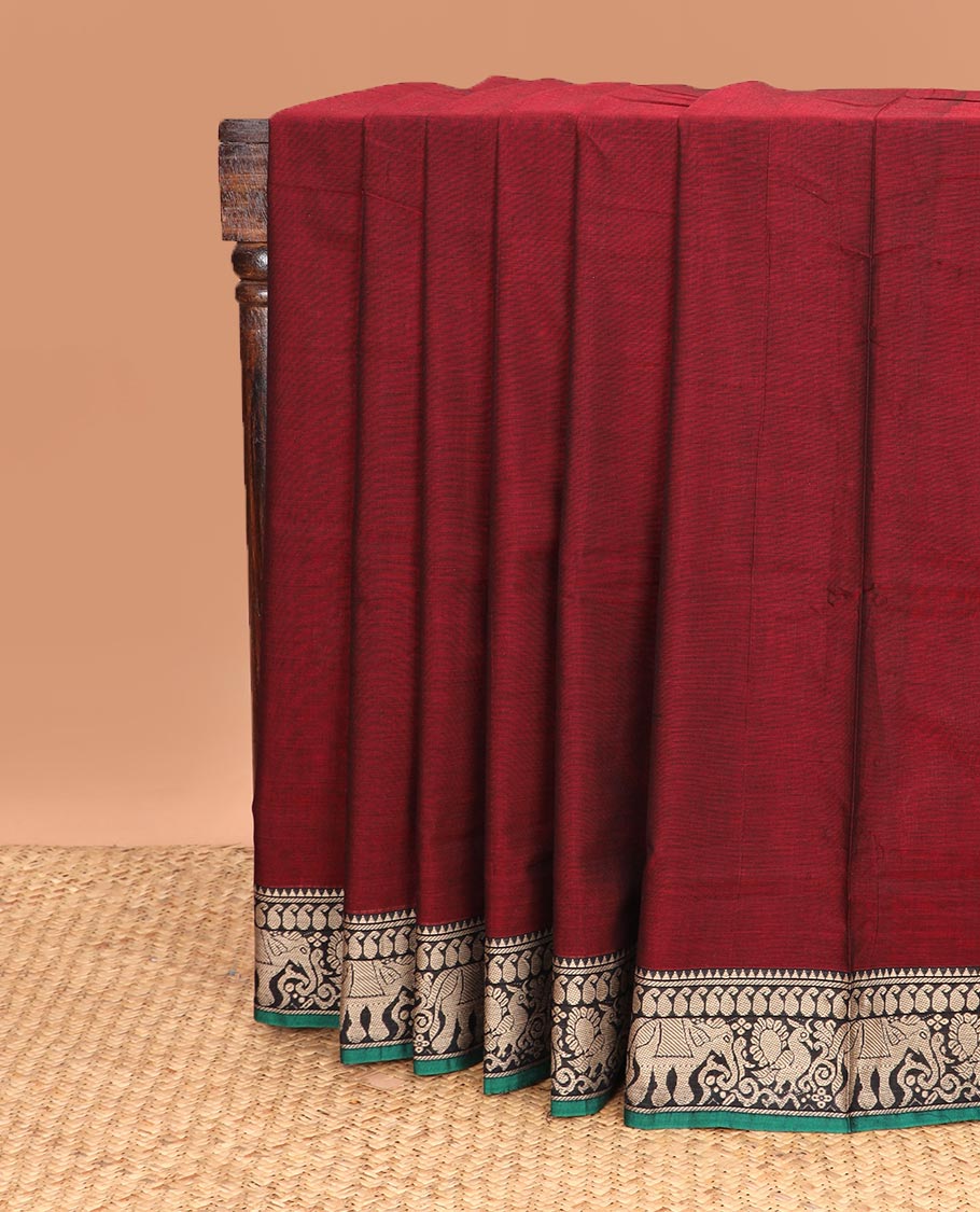 Maroon plain Narayanapet cotton saree, contrast temple traditional border, and striped pallu