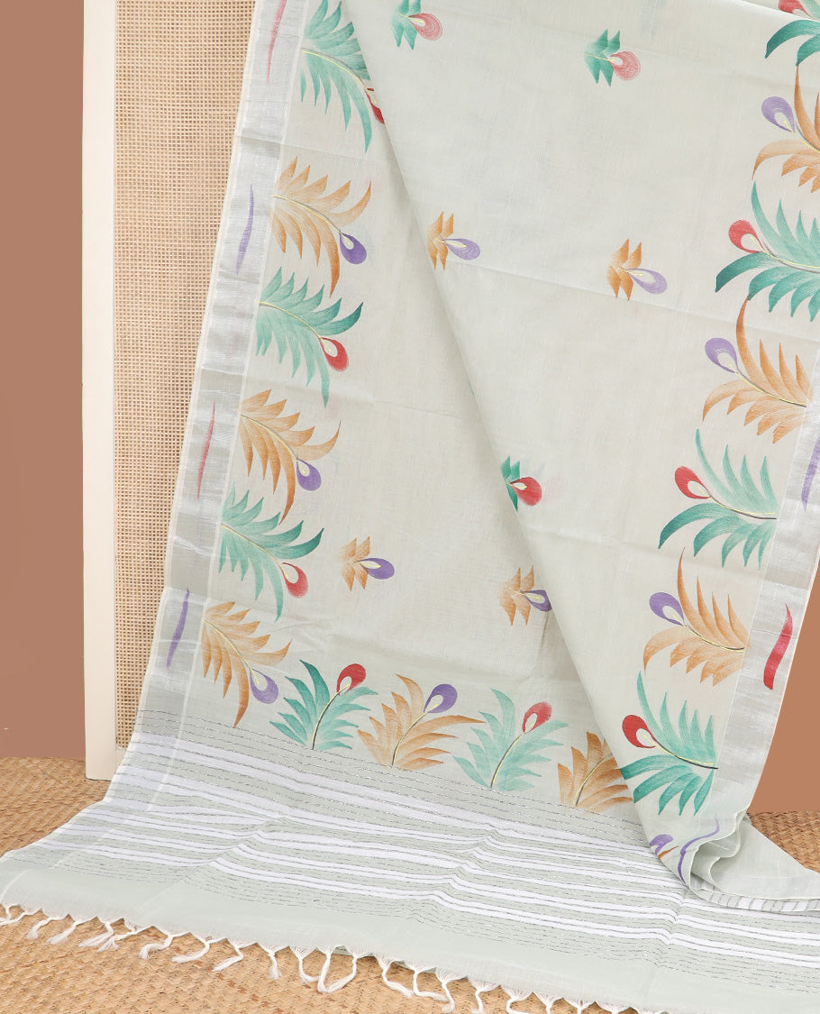 Pastel green hand brushing style colorful floral printed jute cotton saree, zari with printed border, and striped pallu