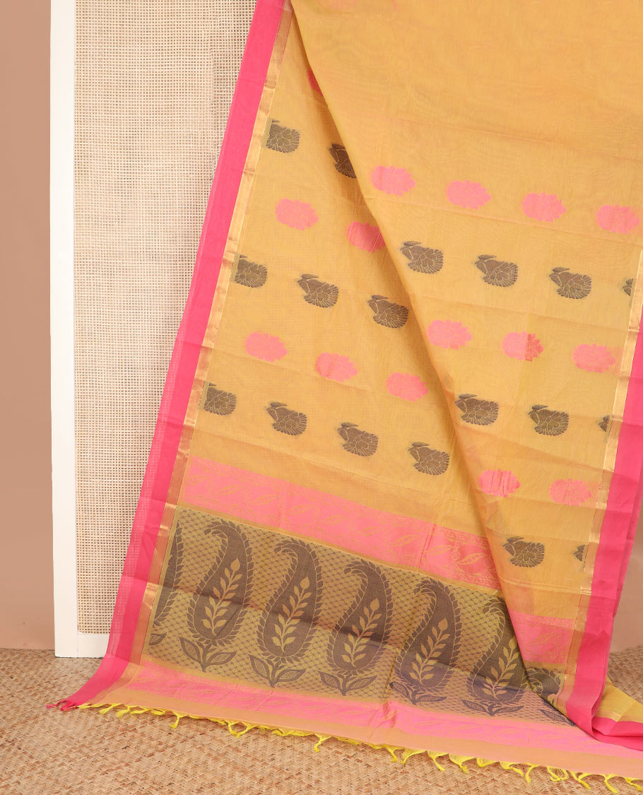 Yellow buttas kanchi cotton saree, contrast plain border, and paisley pallu