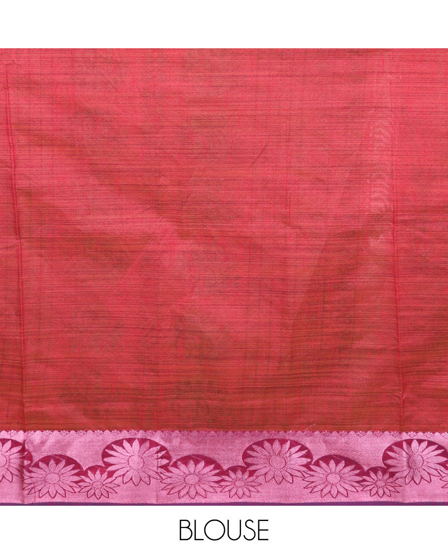 Sandal kalamkari style floral vine and peacock printed Andhra cotton saree, rose copper zari floral design border, and printed pallu