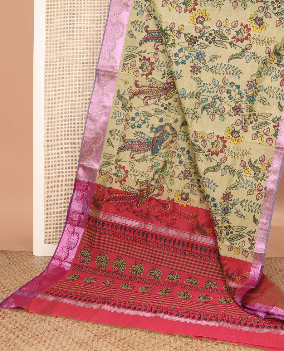 Sandal kalamkari style floral vine and peacock printed Andhra cotton saree, rose copper zari floral design border, and printed pallu