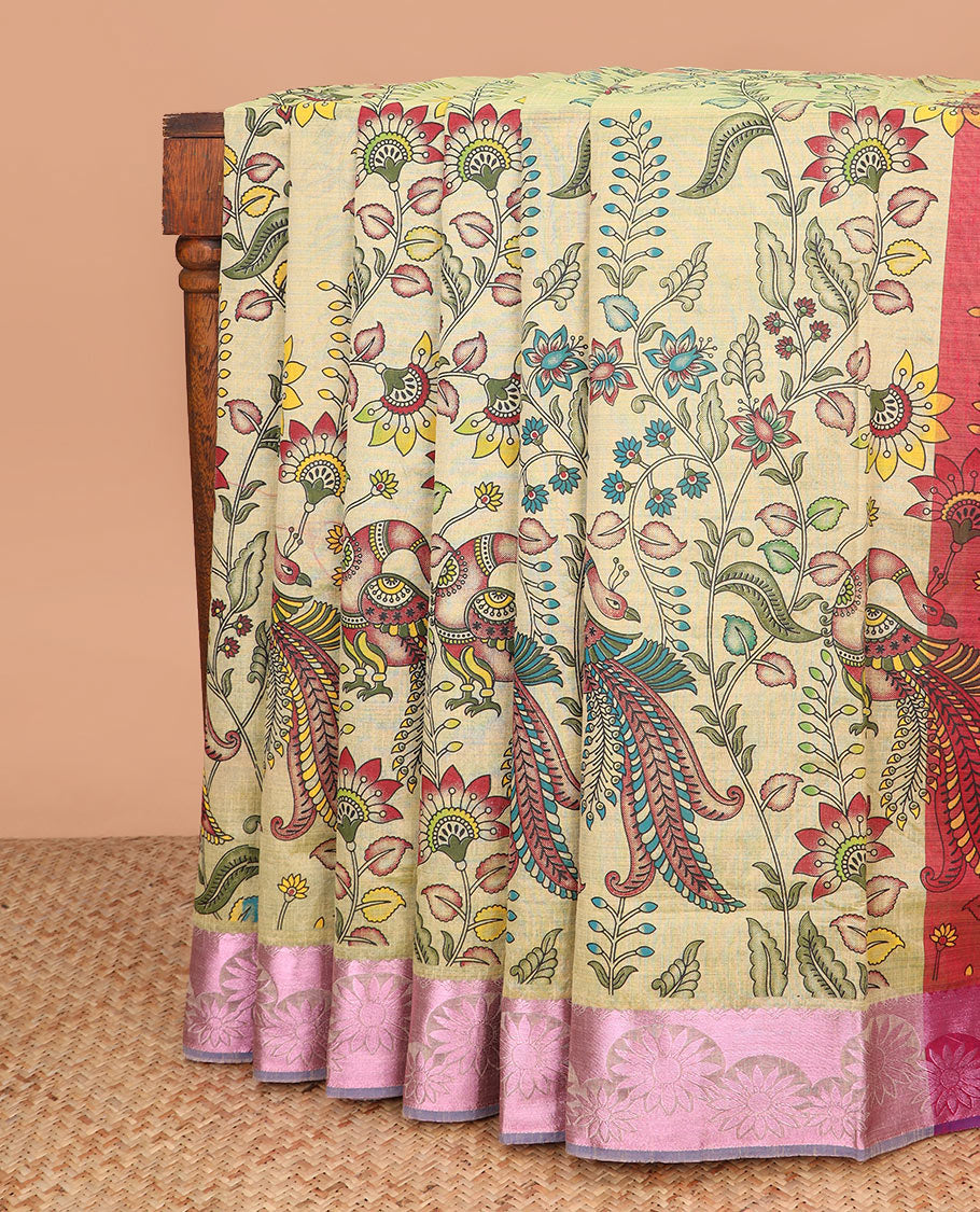 Sandal kalamkari style floral vine and peacock printed Andhra cotton saree, rose copper zari floral design border, and printed pallu