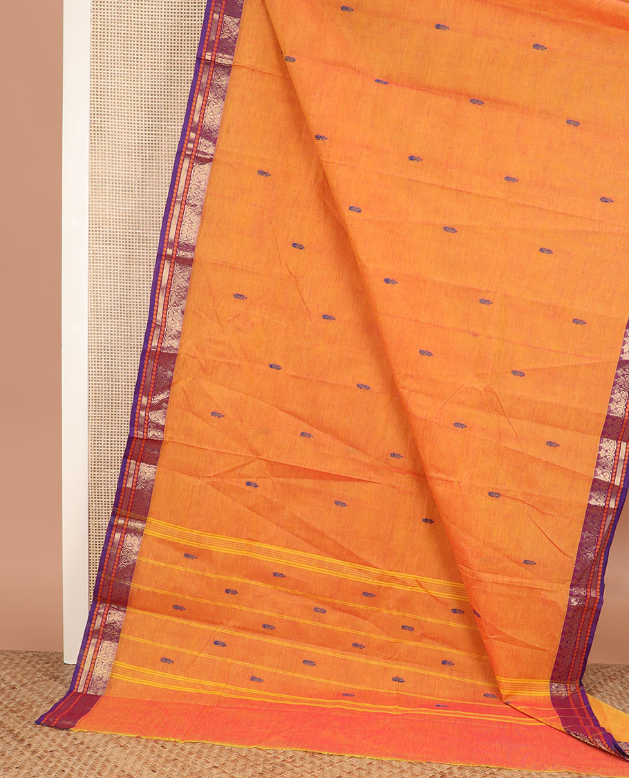 Orange buttas Chettinad cotton saree, contrast traditional design border, and striped pallu