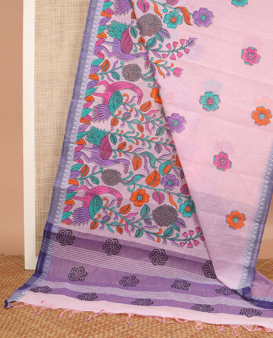 Pink flower and bird motifs printed chirala cotton saree, temple border, and geometric printed pallu