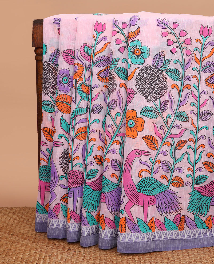 Pink flower and bird motifs printed chirala cotton saree, temple border, and geometric printed pallu