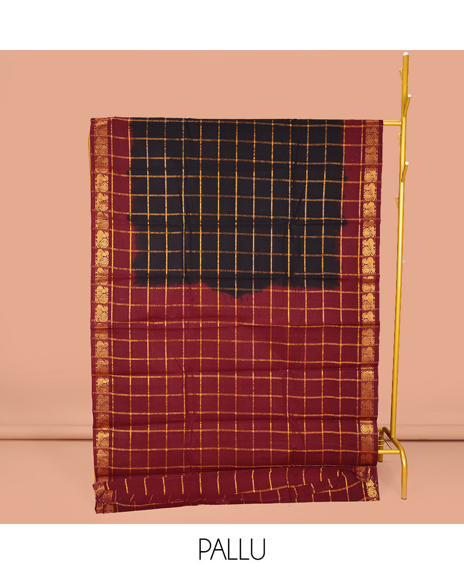 Black Sungudi Cotton Saree, Beautified with Zari Checks on Its Body, Complemented by a Contrast Peacock Motifs Woven Zari Border, Zari-Checked Pallu, and Paired with a Contrast Blouse