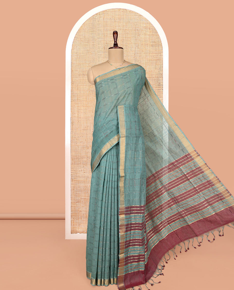 Green Striped Mangalgiri Cotton Saree, Highlighted by Zari Temple Border, Zari-Striped Pallu, and Paired with a Contrast Blouse