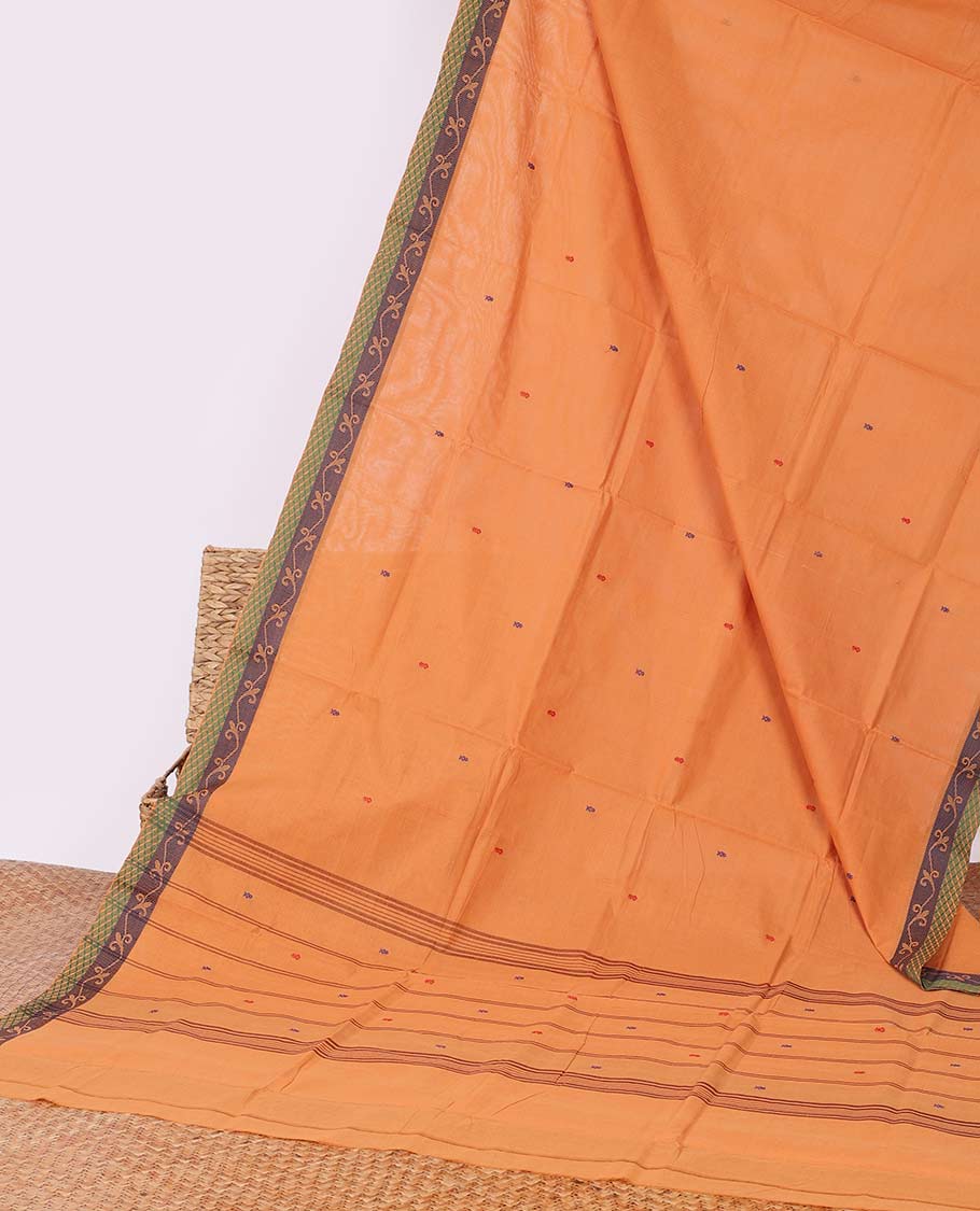 Orange buttas Chettinad cotton saree, contrast leaf design pallu & striped pallu