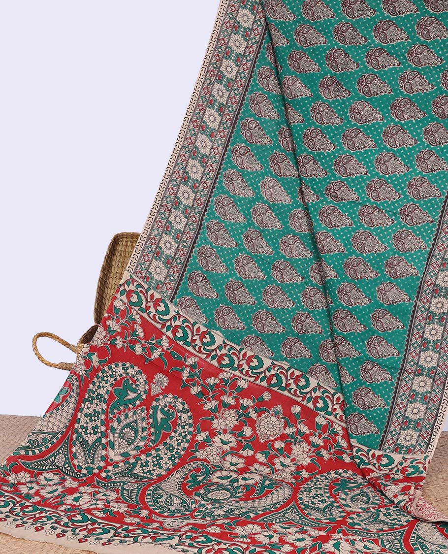 Green paisley motifs machine-printed kalamkari cotton saree with contrast geometric border & peacock design pallu
