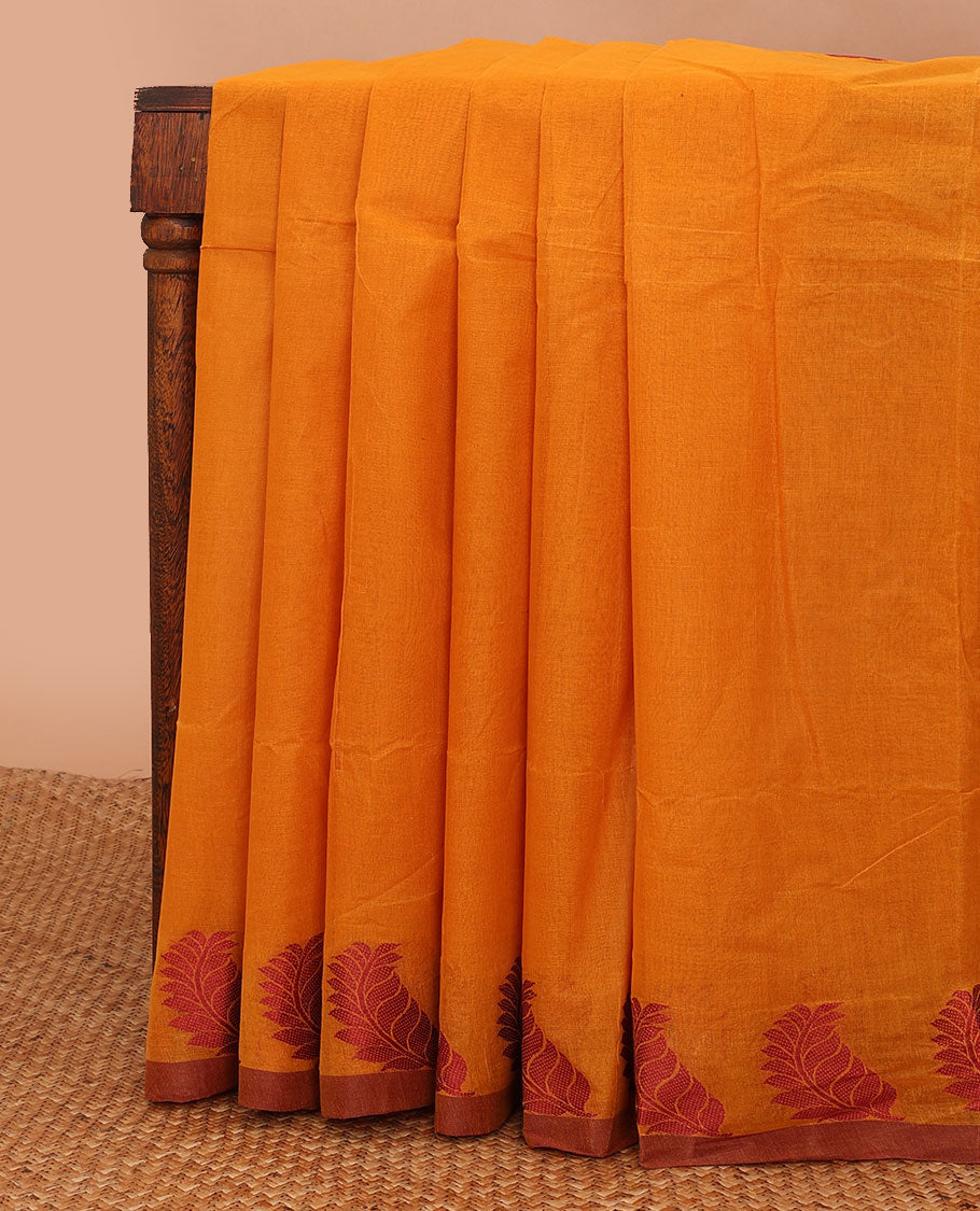 Yellow plain Bengal cotton saree, contrast leaf design border & pallu of stripes