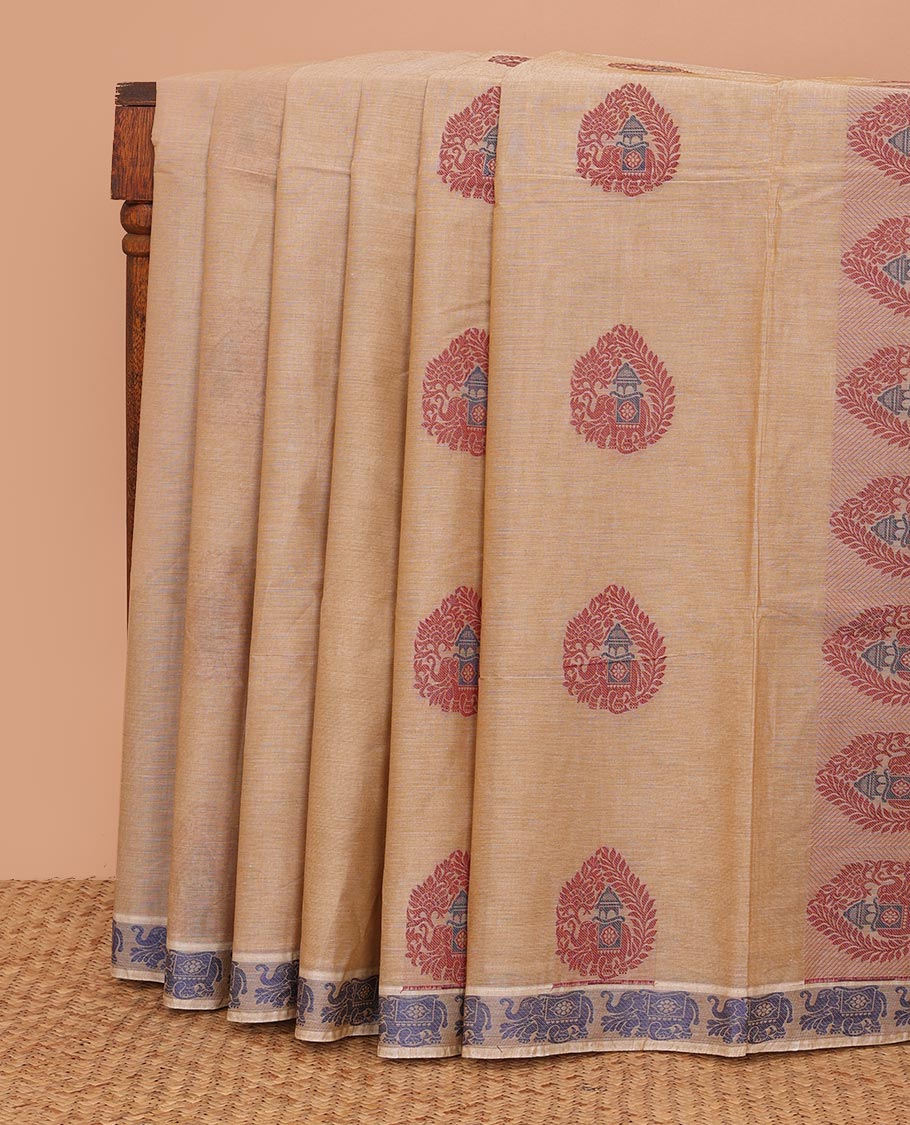 Sandal buttas Kanchi cotton saree, elephant motifs border, and intricate pallu