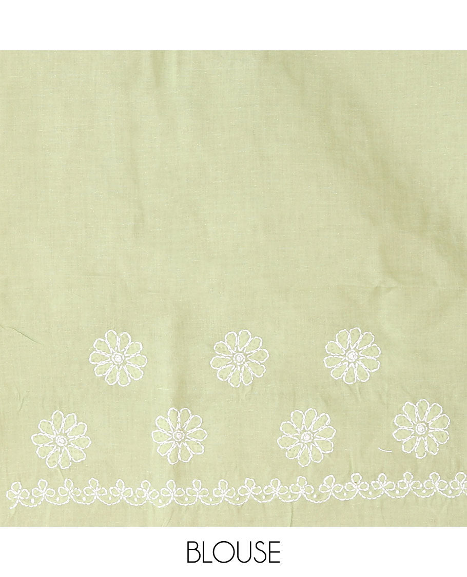 Elaichi green floral thread embroidered buttas Lucknowi chikankari saree, thread embroidered border, and floral embroidered pallu