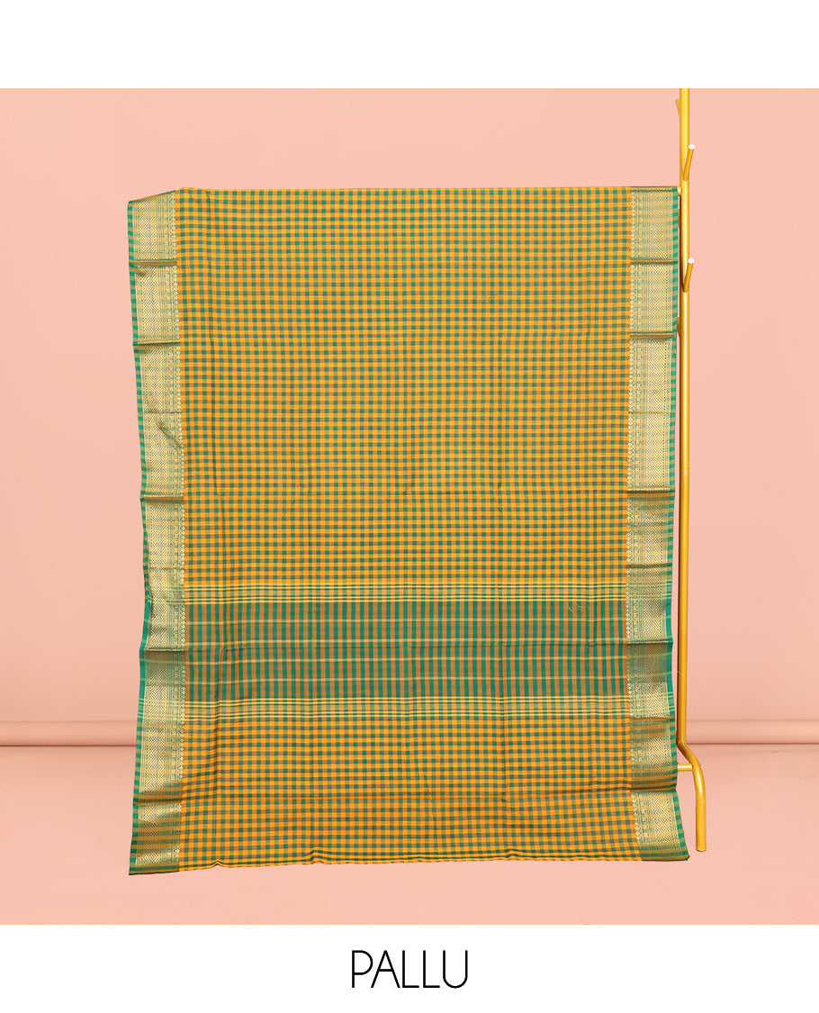 Yellow-Green Chettinad Cotton Saree, Bedecked with Micro-Checks, Highlighted by Traditional Zari Border, Striped Pallu, and No Blouse