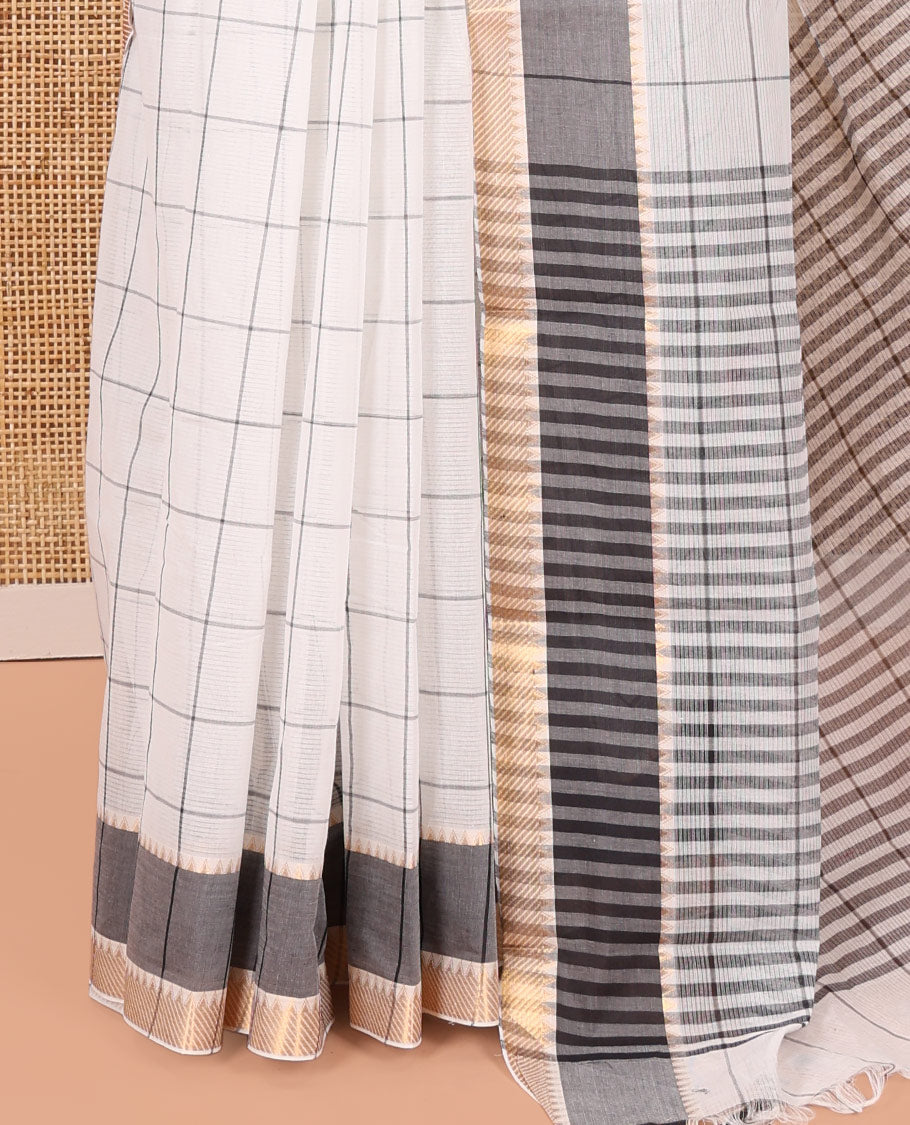 White Andhra Cotton Saree, Woven with Checks, a Contrast Zari Traditional Border, Striped Pallu, and a Contrast Blouse