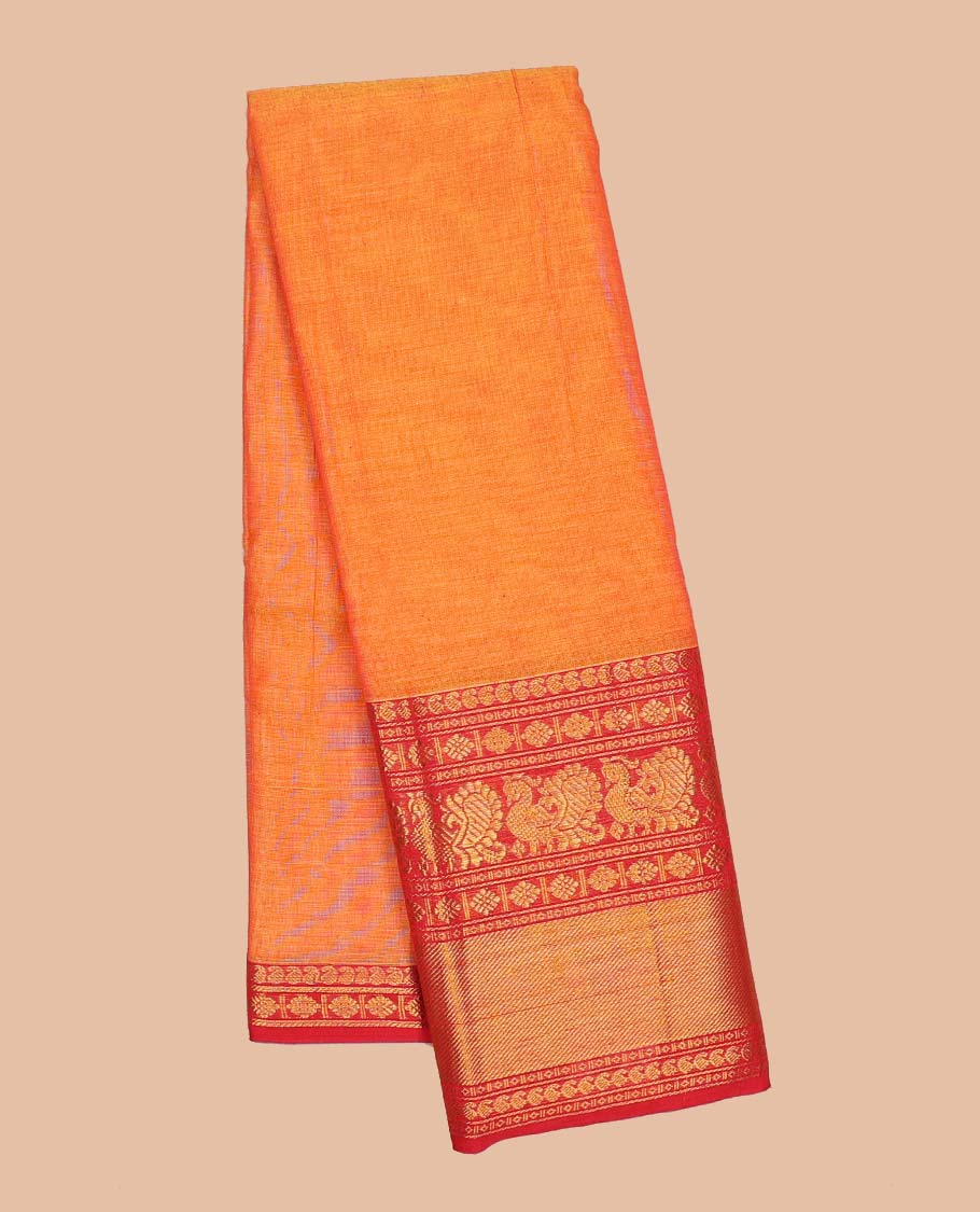 Orange plain Narayanapet cotton saree, contrast traditional design border & striped pallu
