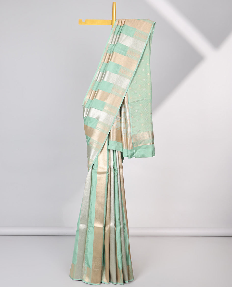 Blue striped semi-banaras dola silk saree with self zari border & intricate zari design pallu