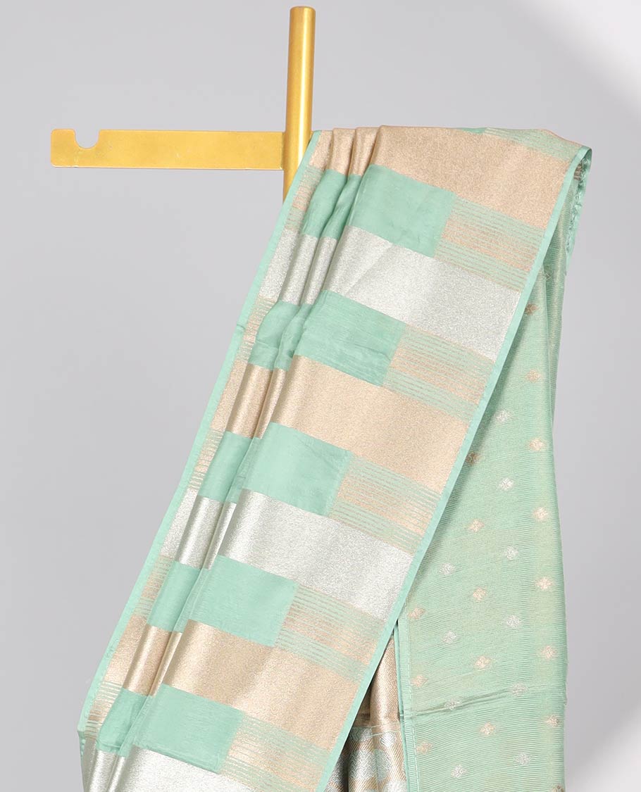 Blue striped semi-banaras dola silk saree with self zari border & intricate zari design pallu