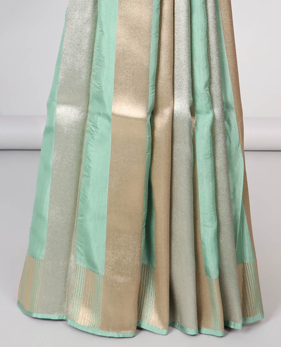 Blue striped semi-banaras dola silk saree with self zari border & intricate zari design pallu