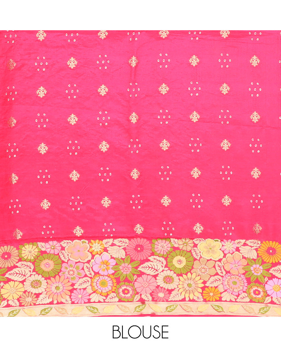 Pink bandhani dottes with jaal design dola silk saree, meenakari floral design border, and pallu of bandhani dottes, and meenakari floral design
