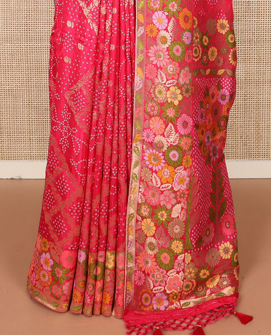 Pink bandhani dottes with jaal design dola silk saree, meenakari floral design border, and pallu of bandhani dottes, and meenakari floral design