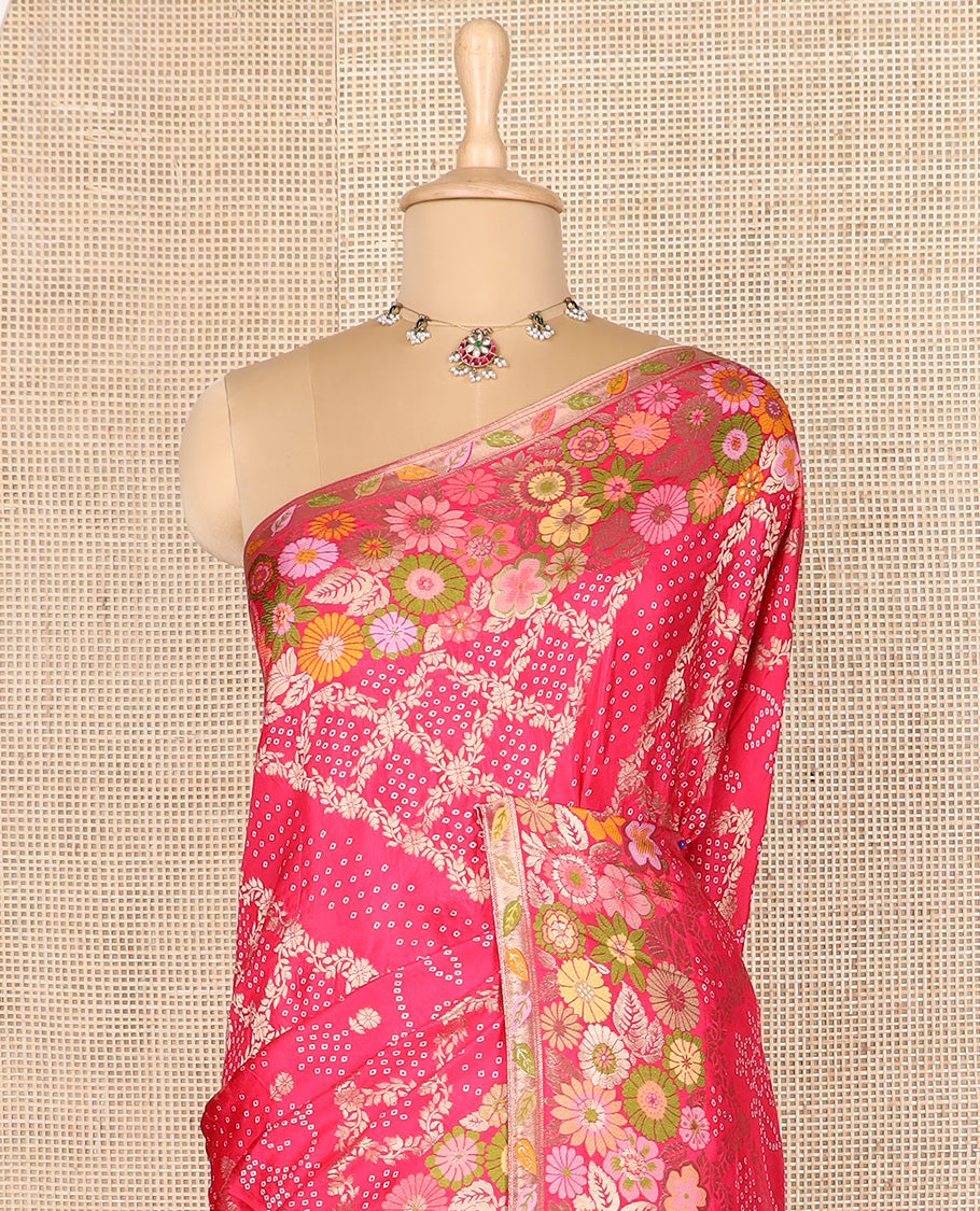 Pink bandhani dottes with jaal design dola silk saree, meenakari floral design border, and pallu of bandhani dottes, and meenakari floral design