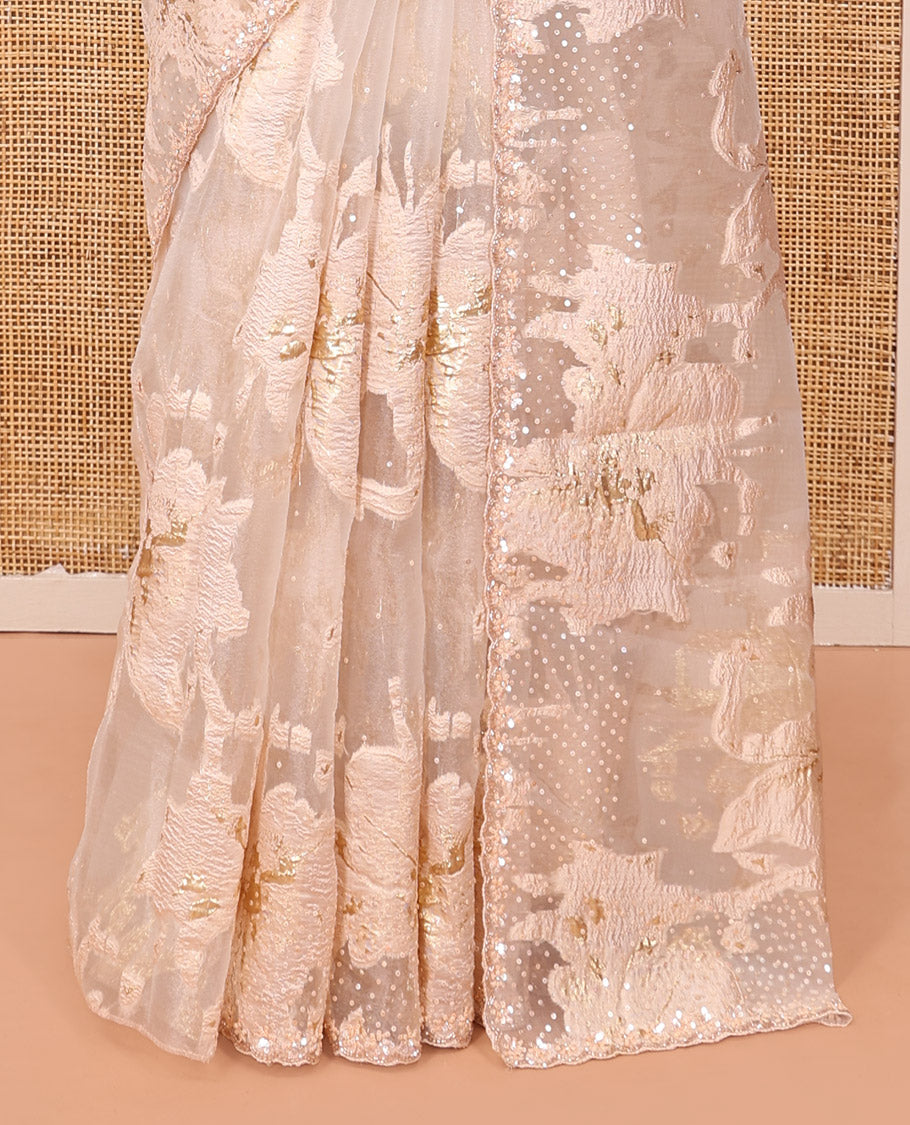 Peach Turkey Organza Saree, Shimmering with Floral Threadwork, a Gleaming Scallop Border, and a Matching Blouse