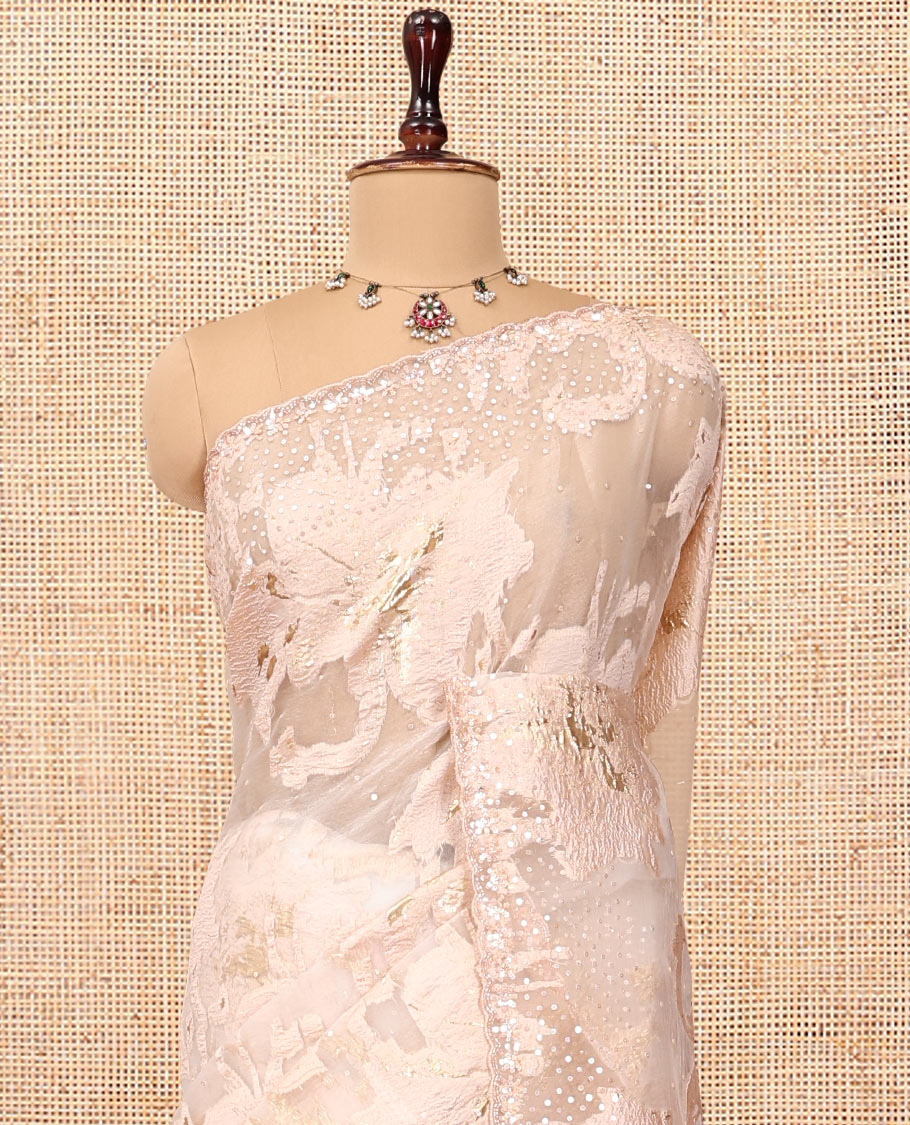Peach Turkey Organza Saree, Shimmering with Floral Threadwork, a Gleaming Scallop Border, and a Matching Blouse
