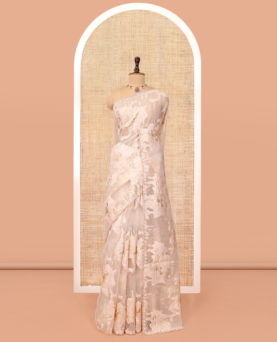 Peach Turkey Organza Saree, Shimmering with Floral Threadwork, a Gleaming Scallop Border, and a Matching Blouse