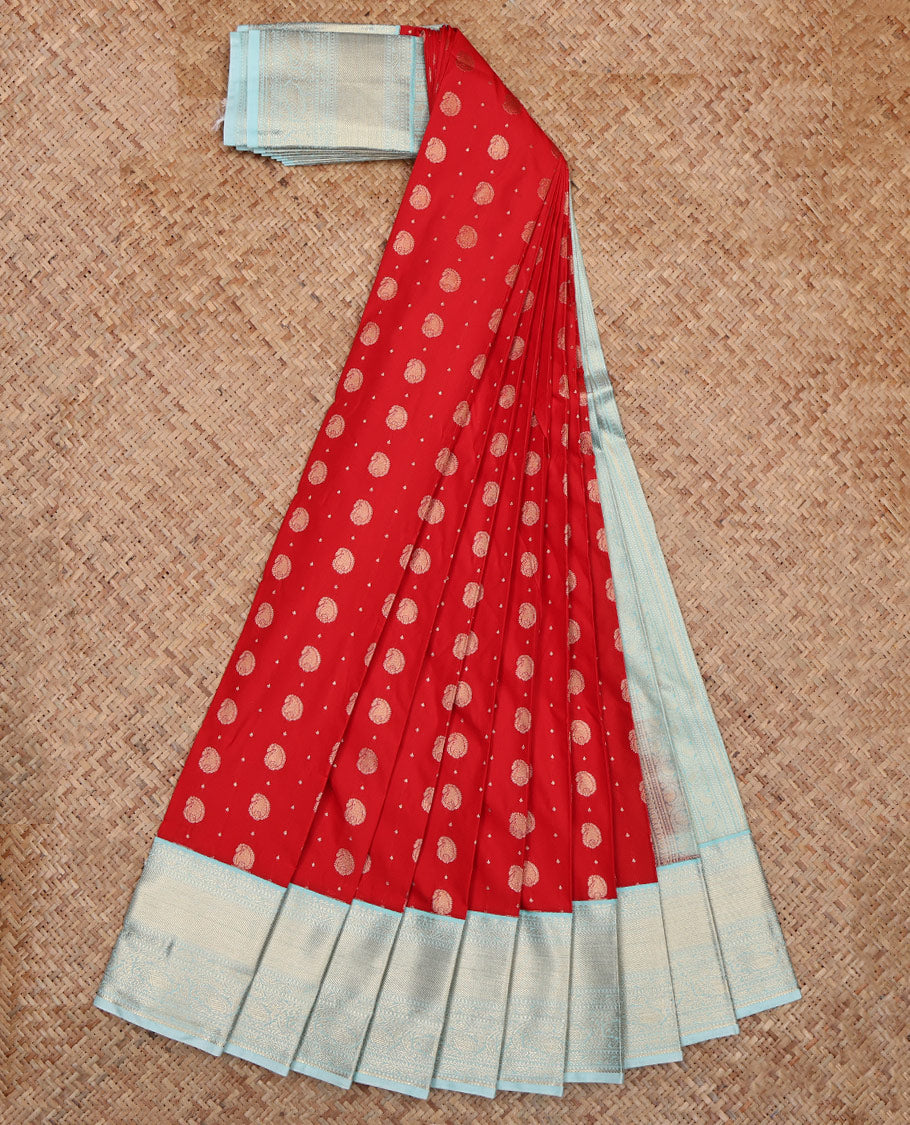 Red BudgetSilk Saree, Spotlighted with Zari Buttas All Over Its Body, Complemented by a Contrast Border of Banaras, Muthu, Kodi Visiry and Kodi Manga Designs, Pallu Steeped with Kodi Manga Designs, and Paired with a Contrast Blouse