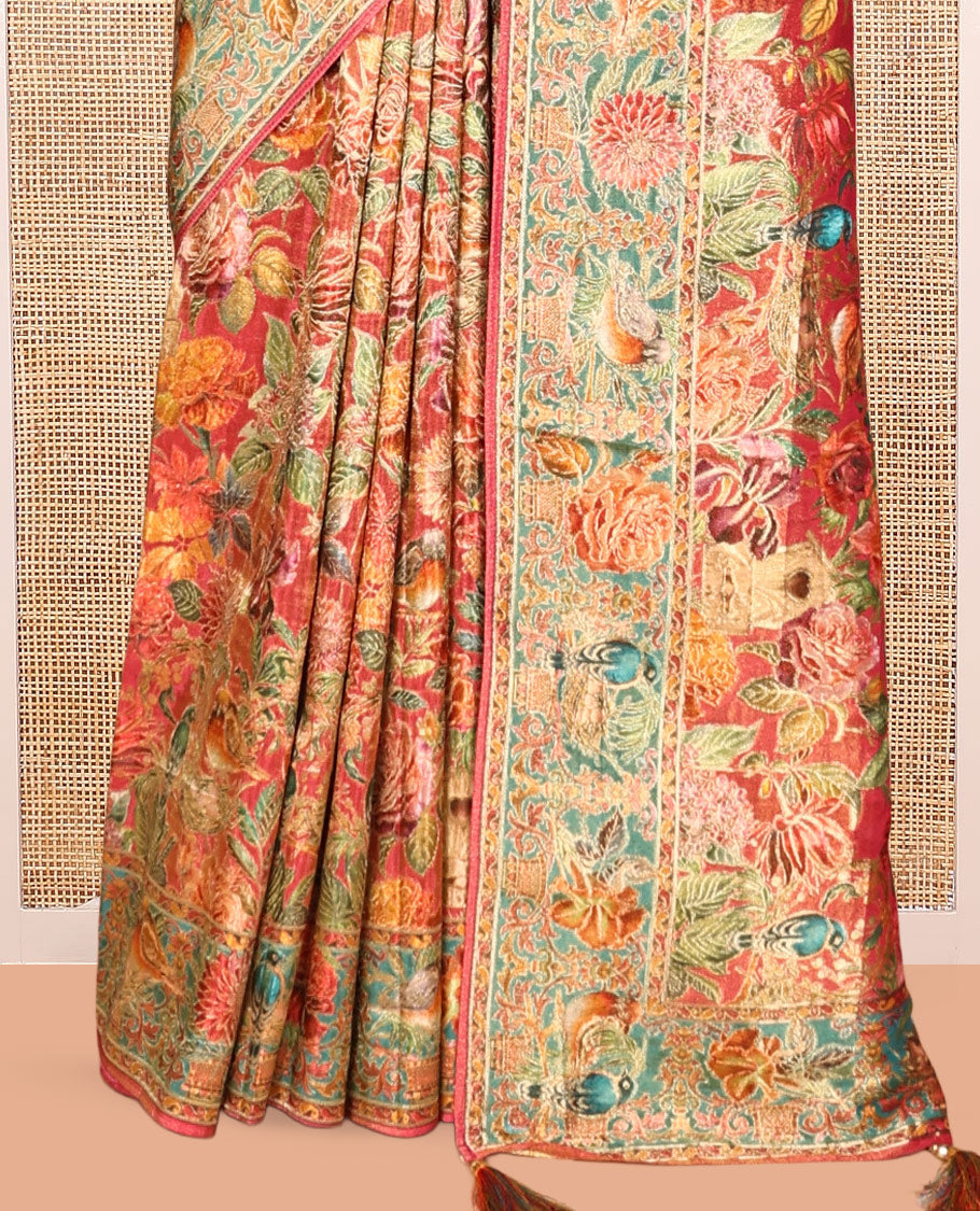 Pink Tropical Floral Russian Dola Tissue Saree, Floral-Bird Border, and a Matching Blouse