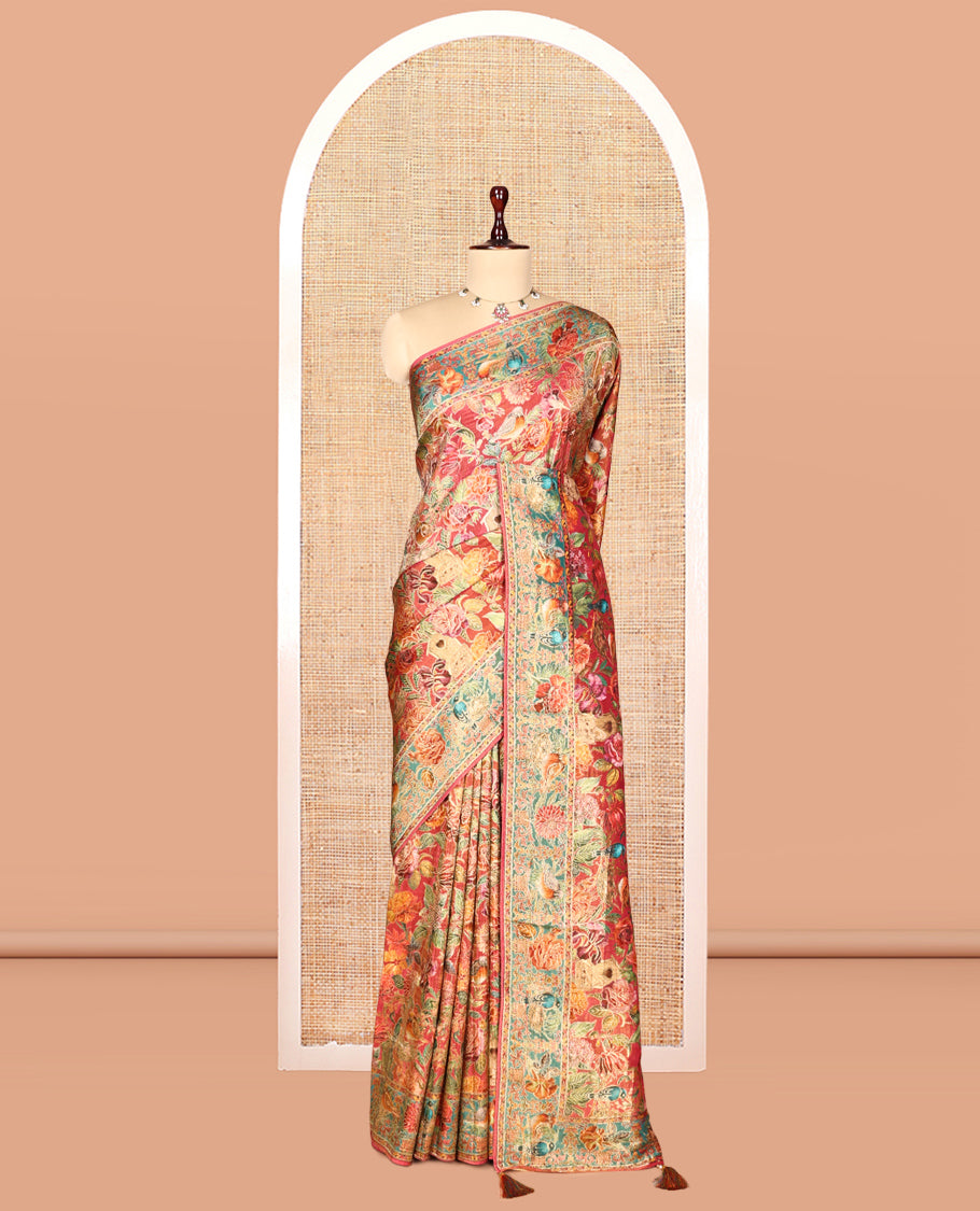 Pink Tropical Floral Russian Dola Tissue Saree, Floral-Bird Border, and a Matching Blouse