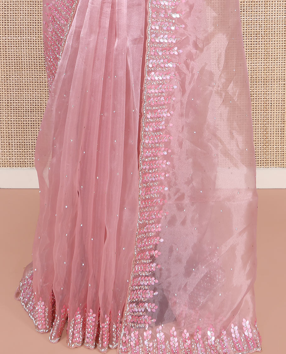 Pink Designer Saree, Subtly Sparkled with Stone Work on Its Body, Highlighted by a Scallop Floral-Themed Stone-Thread Embroidered Border, Self-Pallu, and Paired with a Matching Blouse